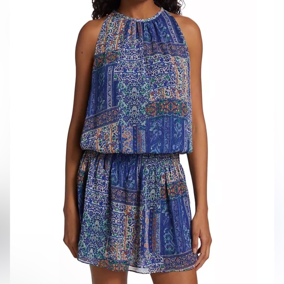 Ramy Brook Paris Blue Patchwork Mini Dress - Picture 1 of 11